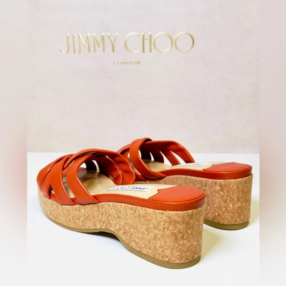 Jimmy Choo Maribou 50 Platform Wedge Slide Sandals Orange Napa Leather Size 38